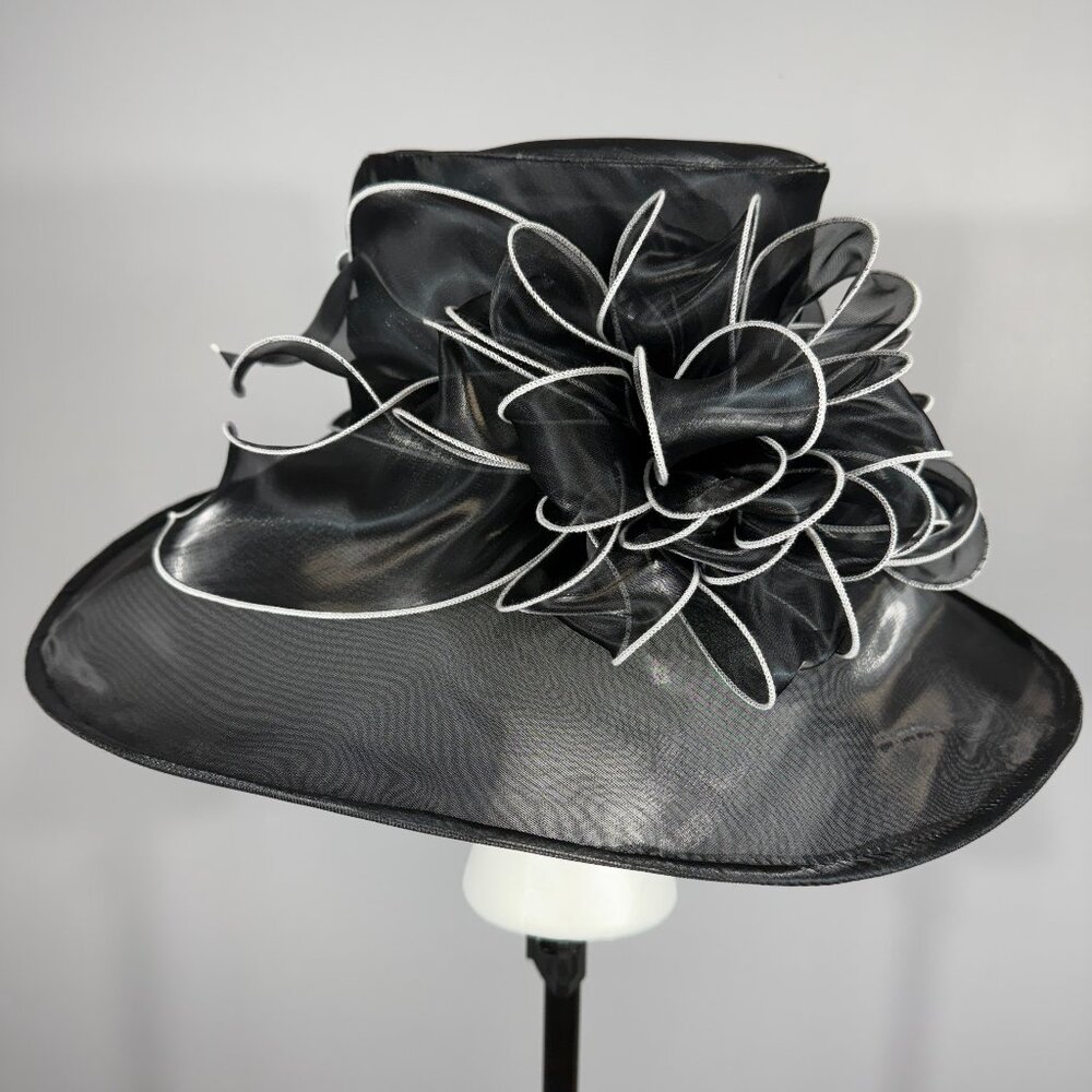 Black Hat with large elegant bow trimmed with white stitching! Stunning!